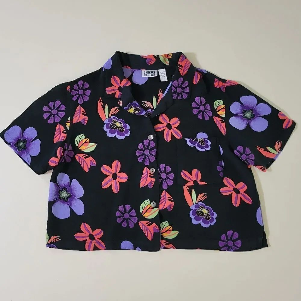 Chico's Hawaiian Print Black Cropped Button-Down Rayon Camp Shirt